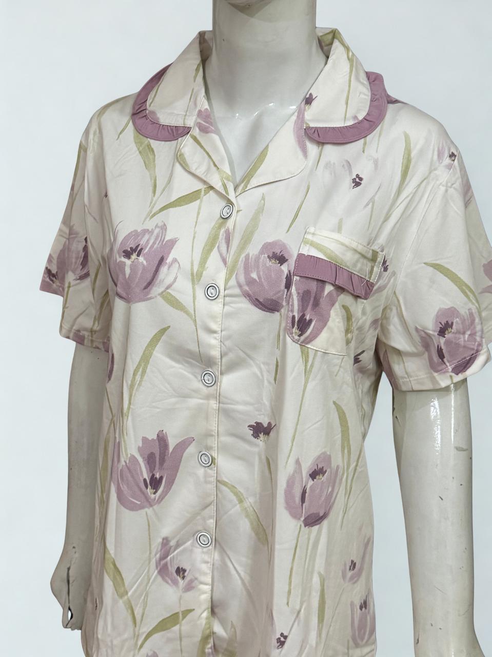 Purple Floral Silk Pajama Set – Collar Style, Half Sleeves | XL‑XXL