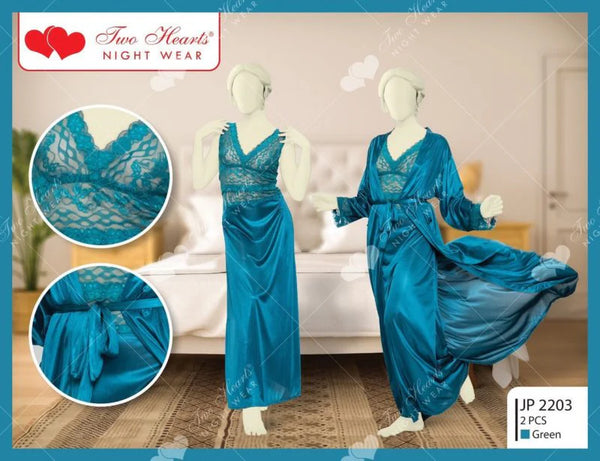 Silken 2-Piece Teal Satin Nighty & Robe Set – Lace Bodice Long Nightwear | Free Size