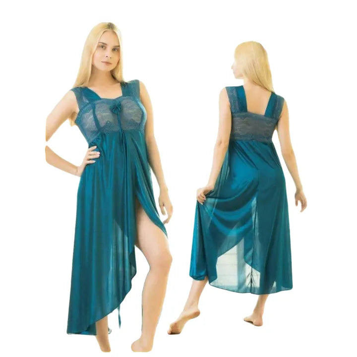 Silken Teal Sheer Lace Nighty – Asymmetrical Front Slit Long Nightwear | Free Size