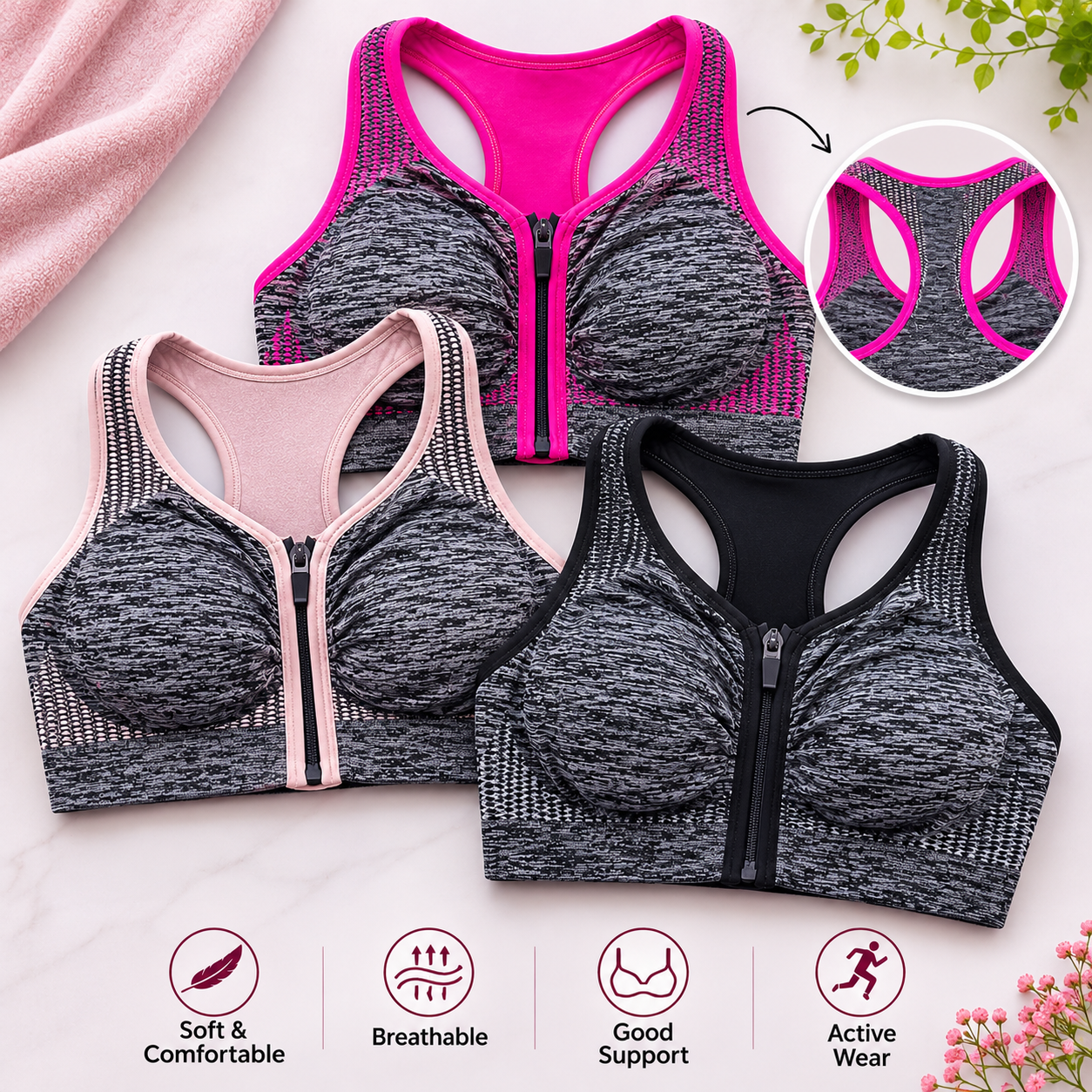 Women's Front Zip Sports Bra – Light Fixed Padded | S–XL | Single Piece