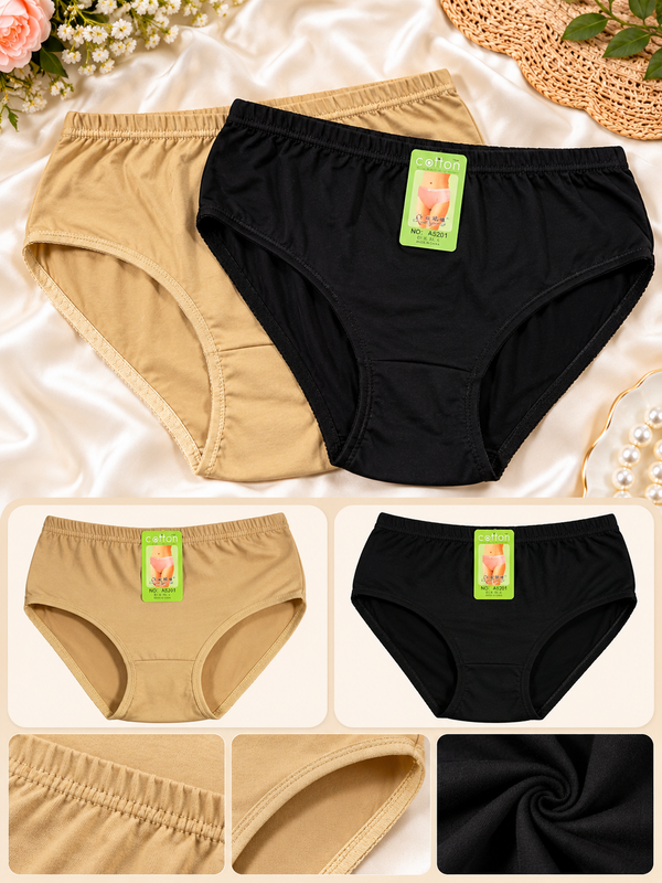 Pack of 2 (Skin,Blk) Women’s 100% Cotton Full-Coverage Briefs – Soft Daily Underwear (Random Colours)