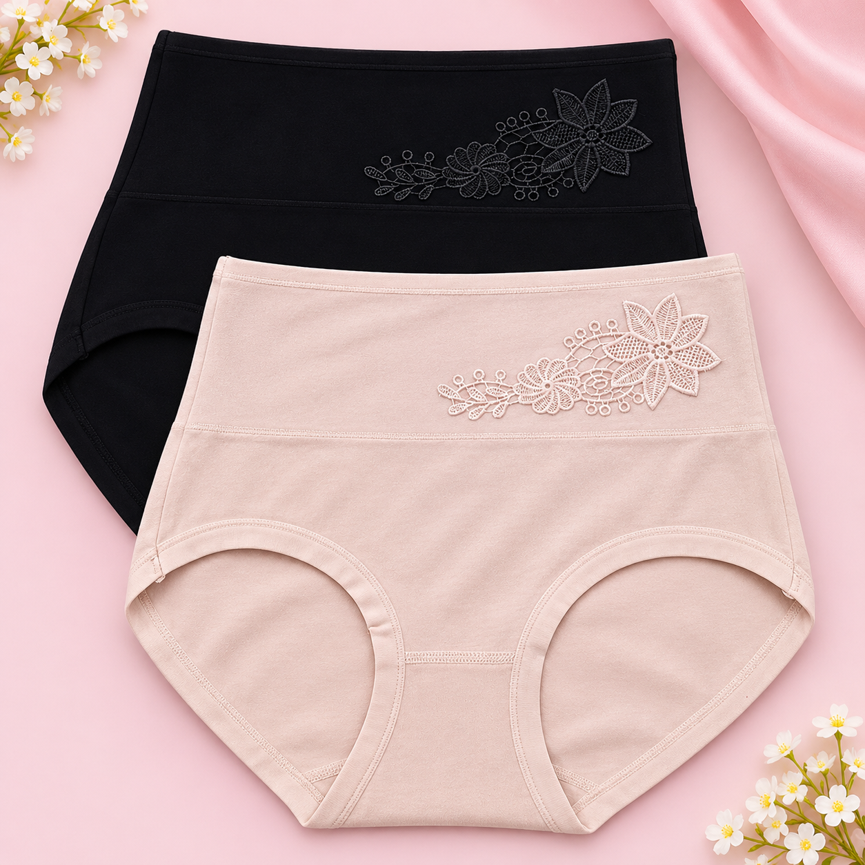 Pack of 2 Women's High Waist Cotton Panties – Floral Design | Free Size S–M
