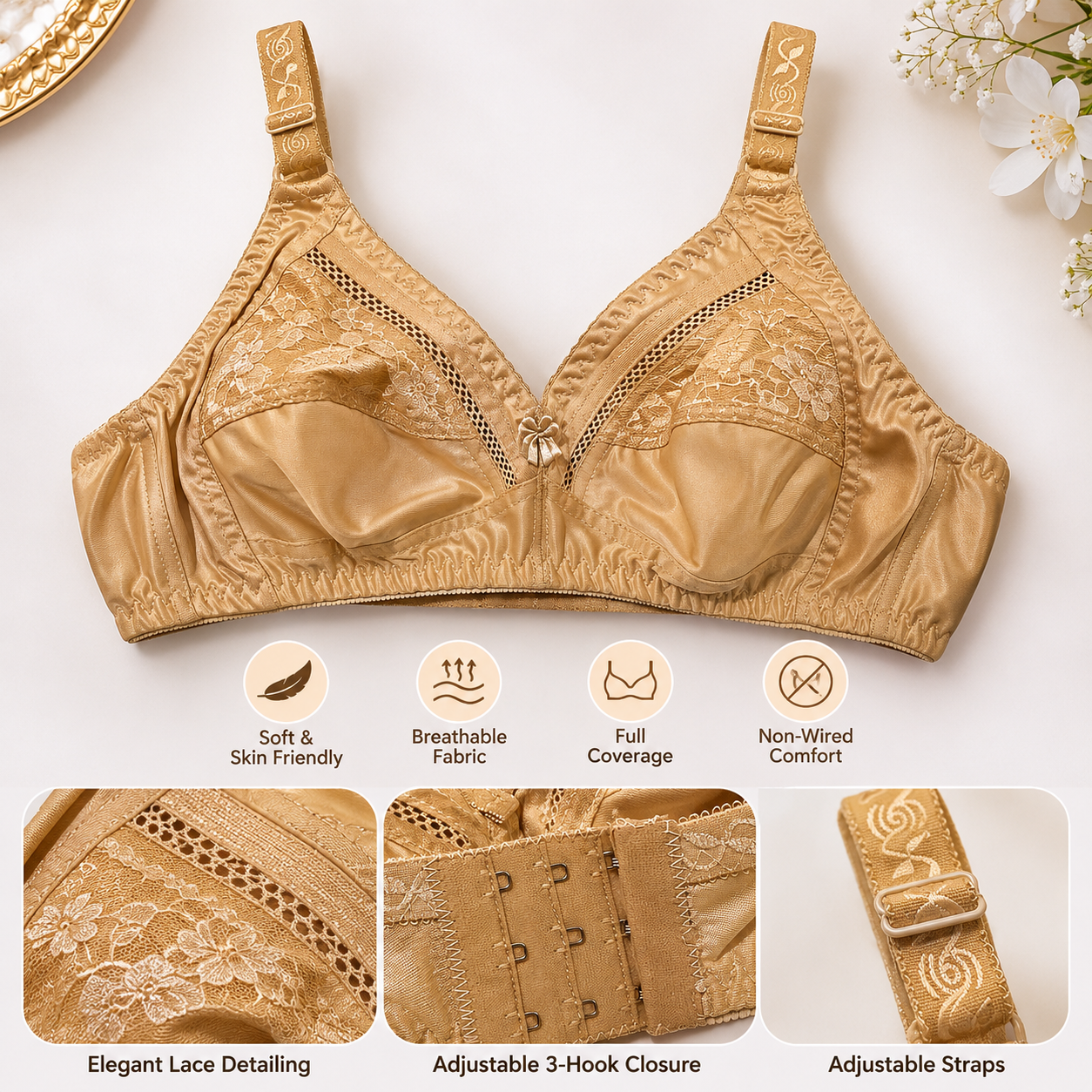 Classic Full Coverage PlusSize Non-Wired Bra – Golden Beige | Jersey Fabric | Sizes 44–50 B-C Cup