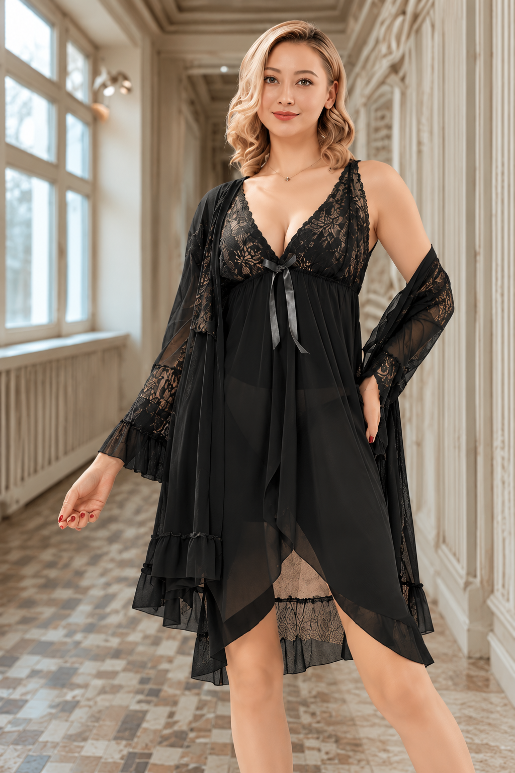Silken Red & Rose Gold 3-Piece Short Nighty Set for Women | Elegant Lace Nightwear with Matching Robe | Free Size