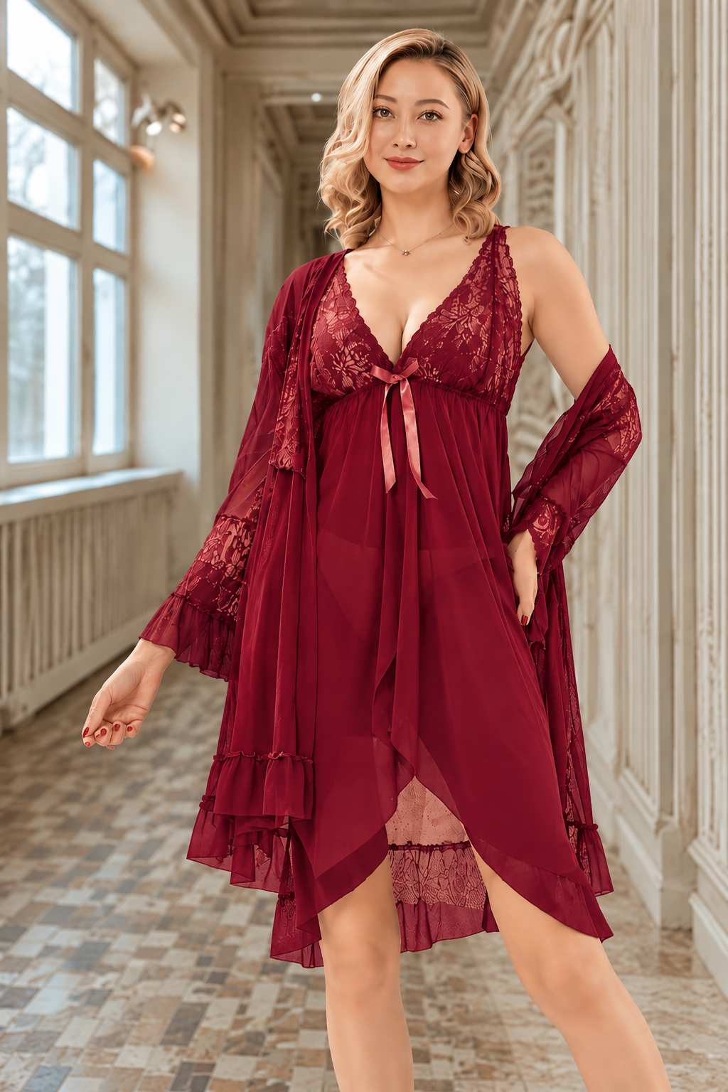 Silken Red & Rose Gold 3-Piece Short Nighty Set for Women | Elegant Lace Nightwear with Matching Robe | Free Size