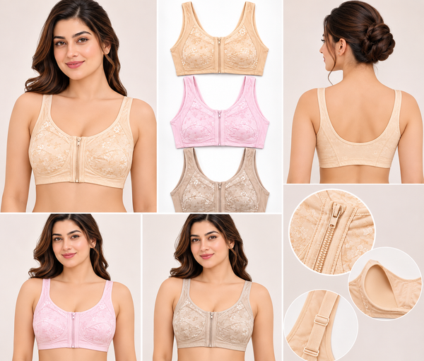 Pack  2 Front Open Zip Cotton Light Padded Bras for Women – Wireless Comfort Bra | Sizes 34–42