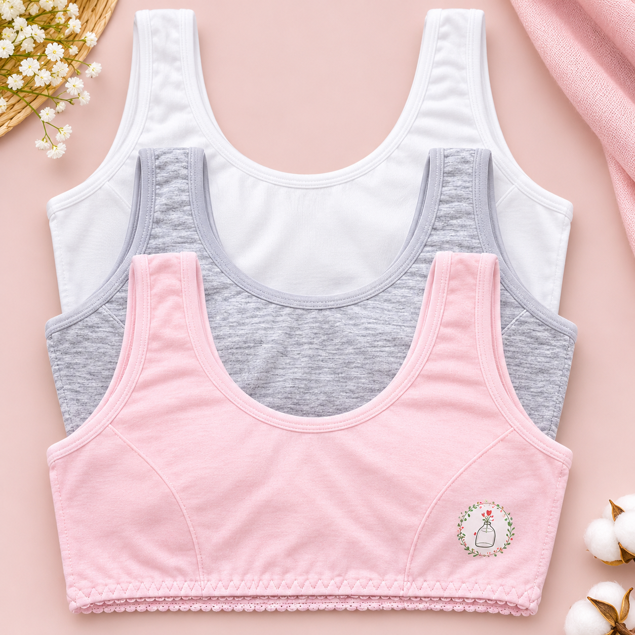 Pack of 3 Teen Girls Cotton Light Padded Training Bras – Free Size 32–36