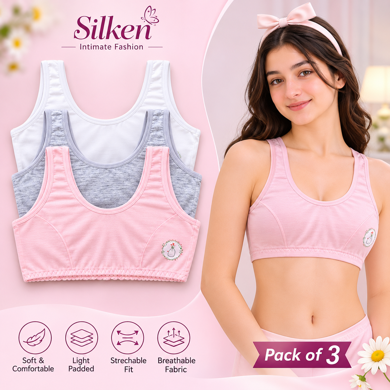 Pack of 3 Teen Girls Cotton Light Padded Training Bras – Free Size 32–36