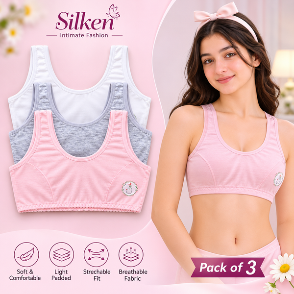 Pack of 3 Teen Girls Cotton Light Padded Training Bras – Free Size 32–36