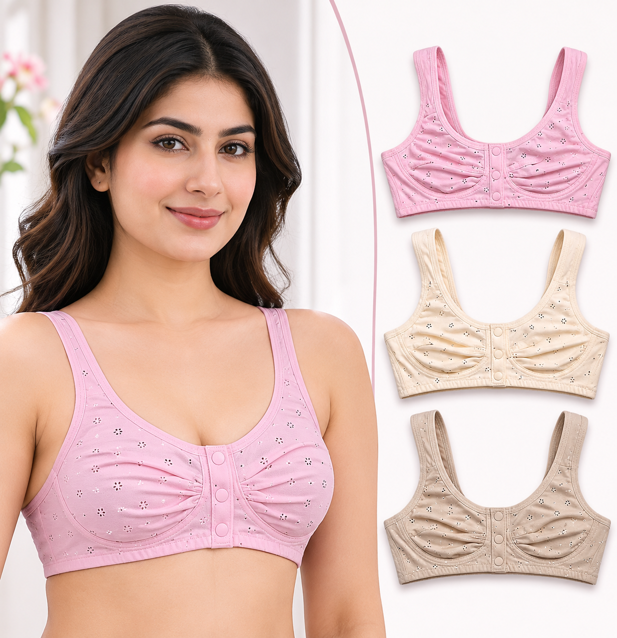 Pack of 3 Pure Cotton Front Button Non-Padded Bras for Women & New Moms | Sizes 34–42