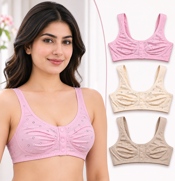 Pack of 3 Pure Cotton Front Button Non-Padded Bras for Women & New Moms | Sizes 34–42