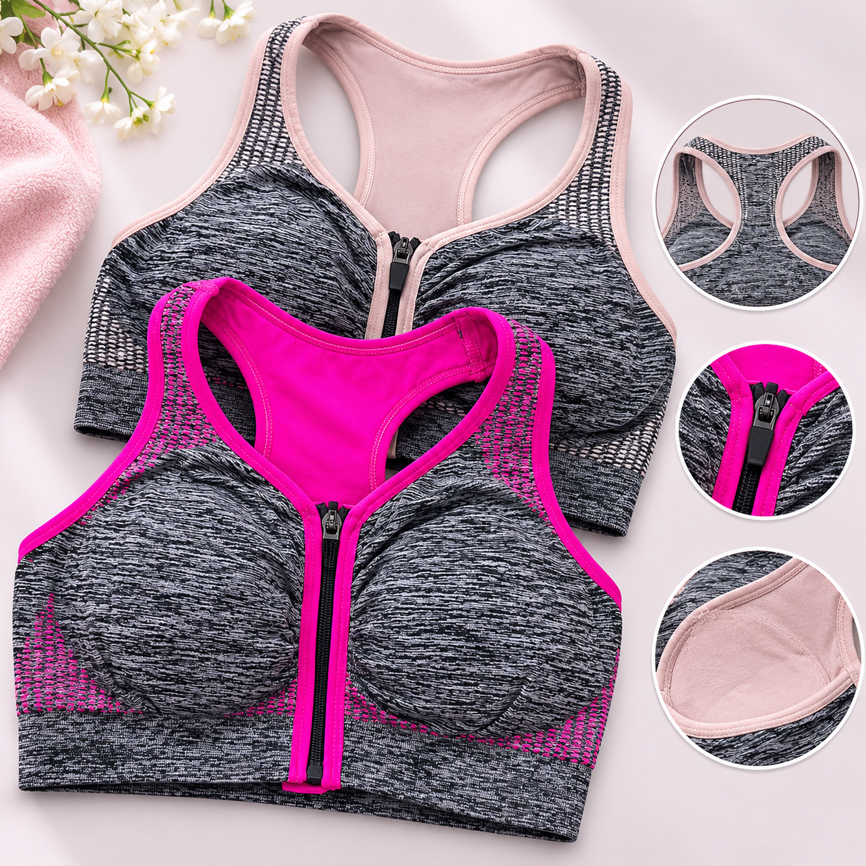 Women's Front Zip Sports Bra – Light Fixed Padded | S–XL | Single Piece
