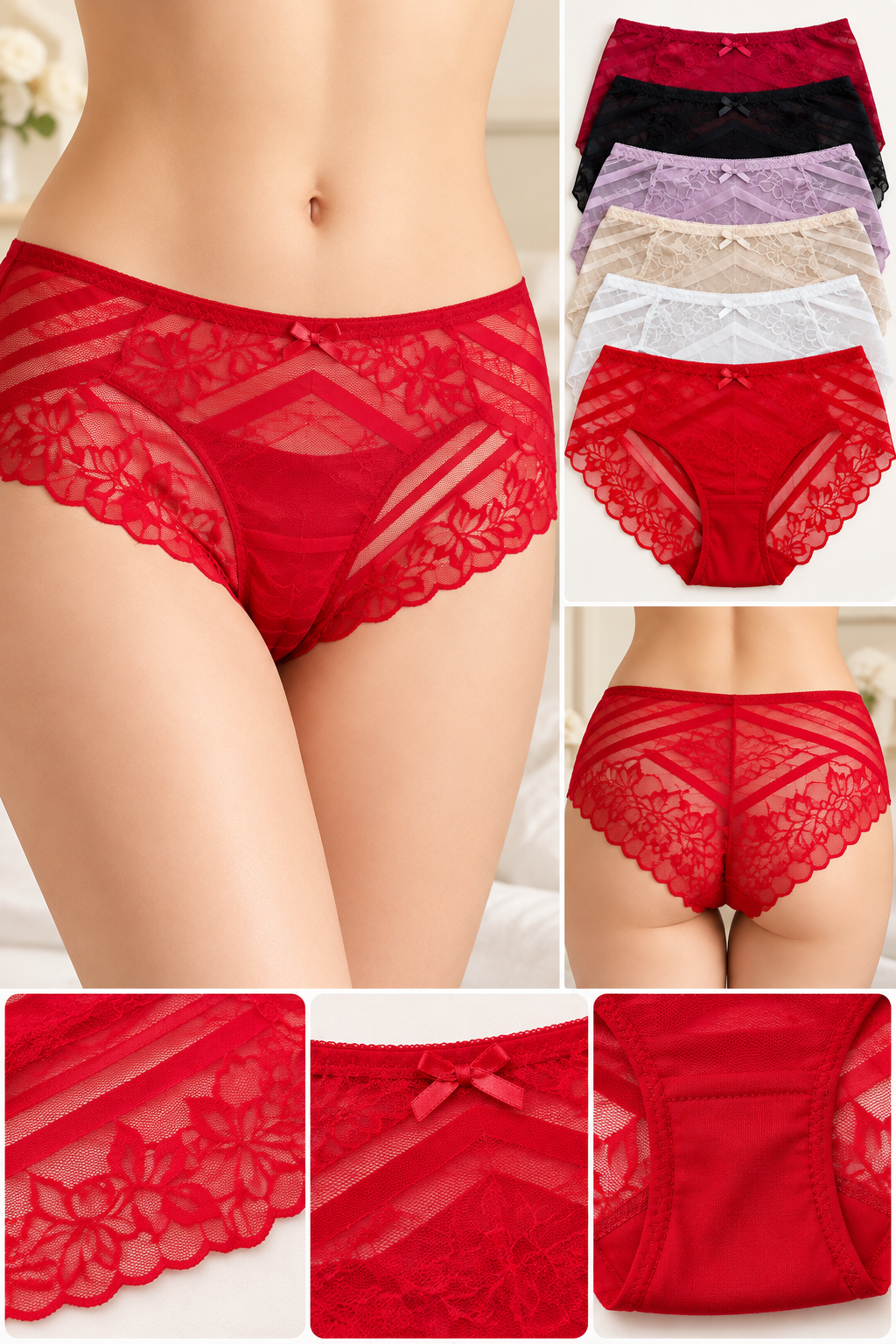 Pack of 3 Lace Panties for Women – Soft Breathable Mid Waist Underwear (Free Size M–L)