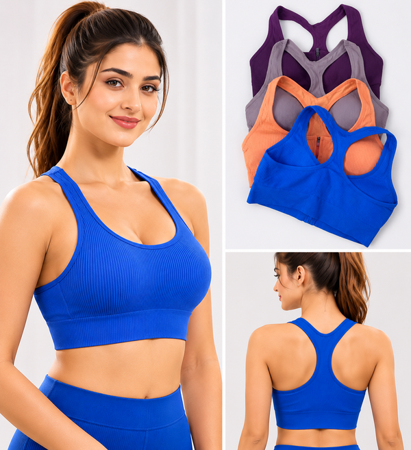 Front Zip Ribbed Sports Bra for Women | High Support Racerback Active Bra