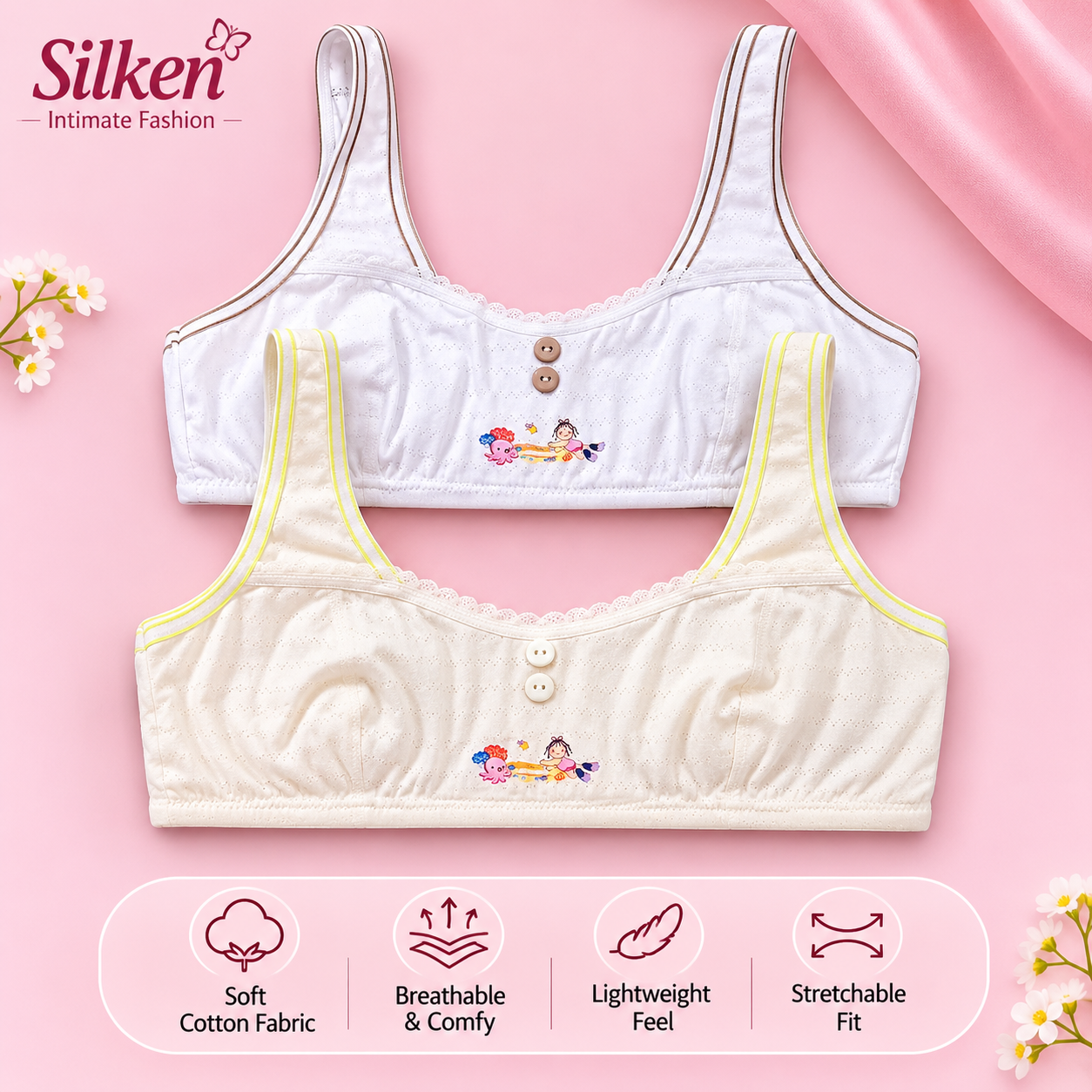 Pack of 2 Girls Cotton Training Bras – Soft Comfortable Fit | Sizes 32–36
