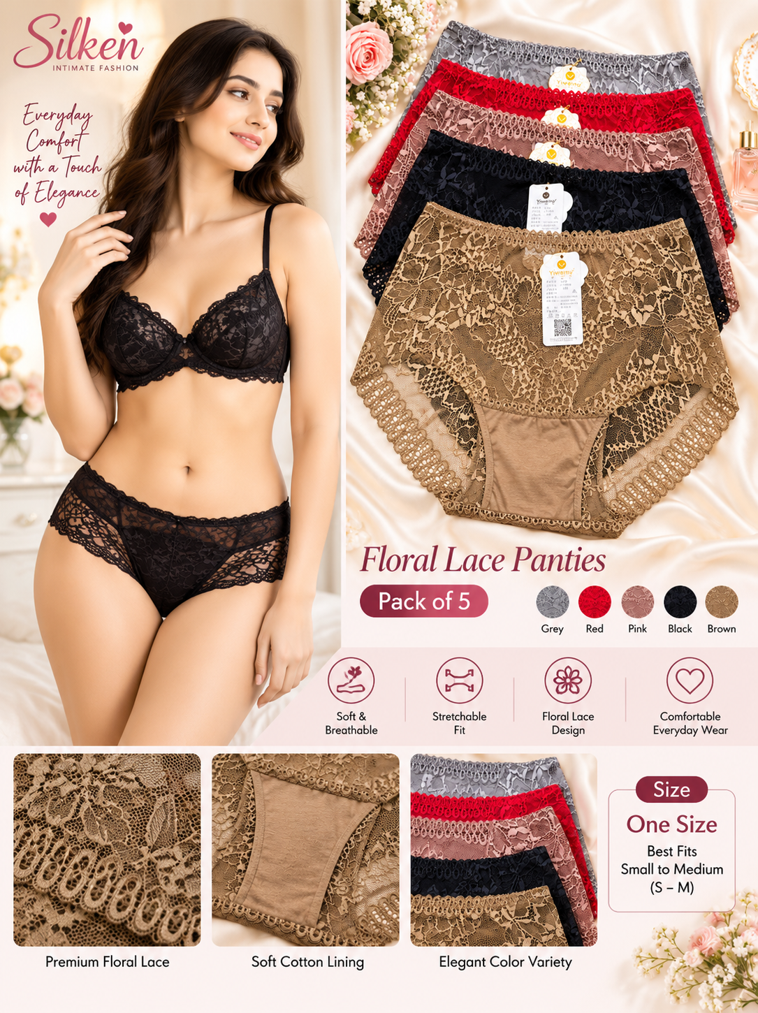 Pack of 2 Lace Net Panties – Large Size | Random Color Selection | Comfortable High Waist Design