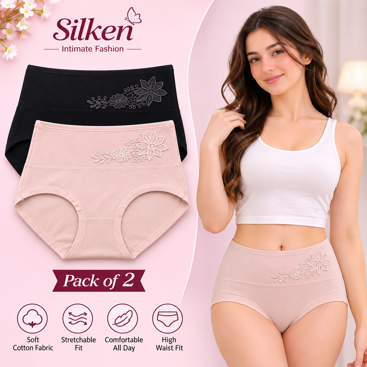 Pack of 2 Women's High Waist Cotton Panties – Floral Design | Free Size S–M