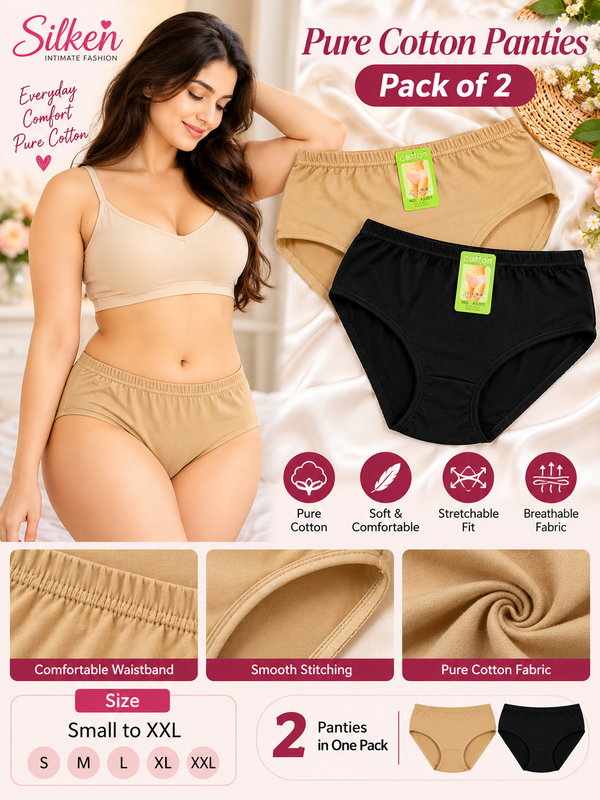 Pack of 2 (Skin,Blk) Women’s 100% Cotton Full-Coverage Briefs – Soft Daily Underwear (Random Colours)
