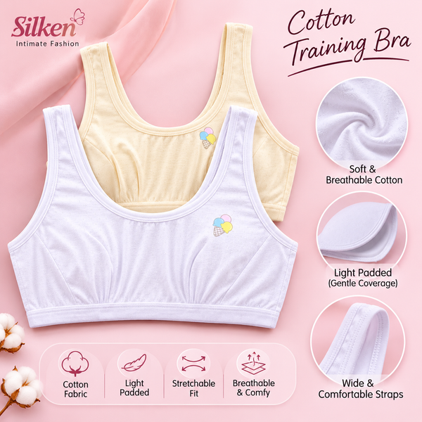 Pack of 2 Teen Girls Cotton Light Padded Training Bras – Free Size 32–36