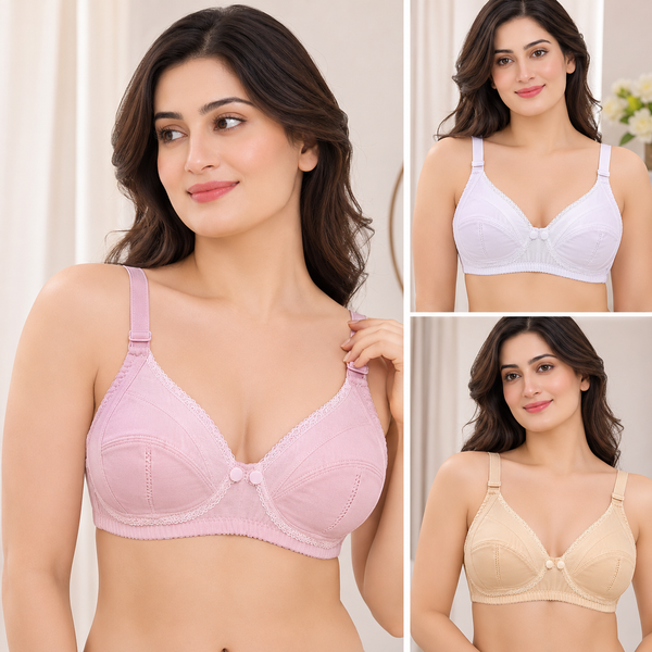 Pack of 3 Front Button Light Padded Cotton Bras for New Moms – B Cup 32–42 | Random Colors