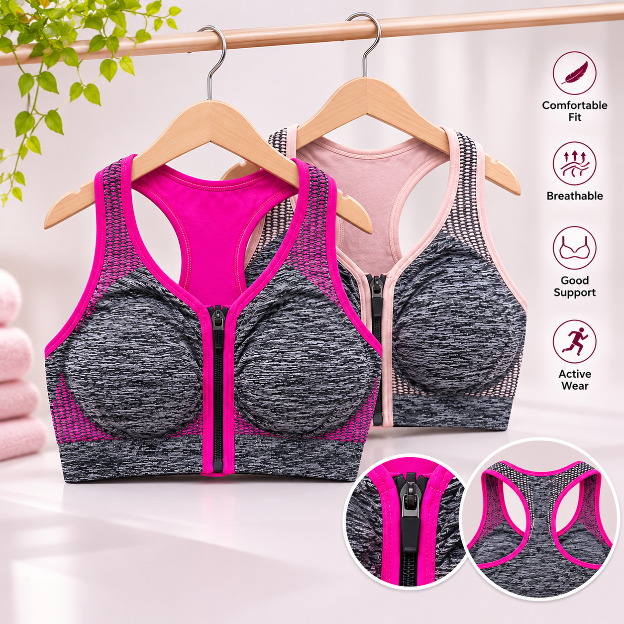 Women's Front Zip Sports Bra – Light Fixed Padded | S–XL | Single Piece
