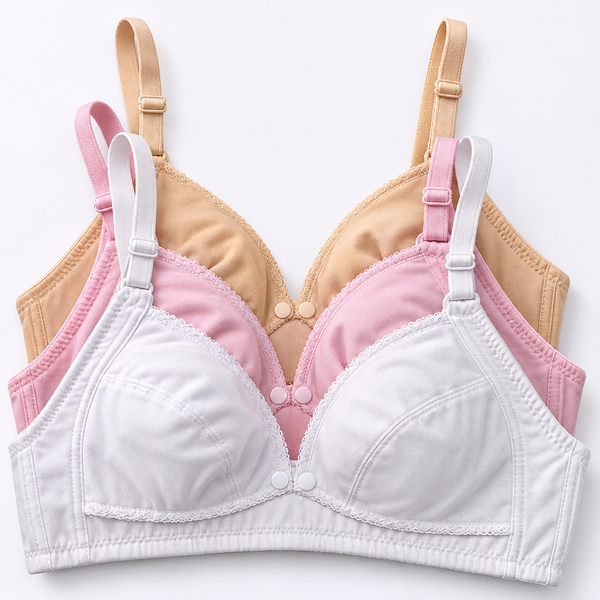 Pack of 3 Front Button Light Padded Cotton Bras for New Moms – B Cup 32–42 | Random Colors