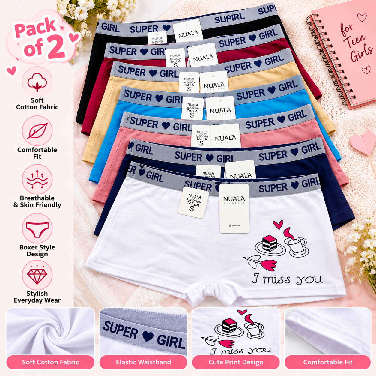 Teen Girls Cotton Boxer Panties – Pack of 2 | Small Size
