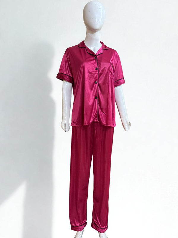 Maroon Silk Pajama Set – Collar Style, Black Piping Trim