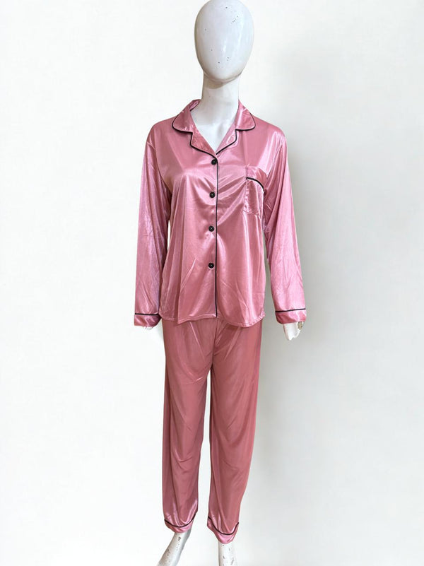 Pink Silk Pajama Set – Black Piping Trim | Luxury Nightwear