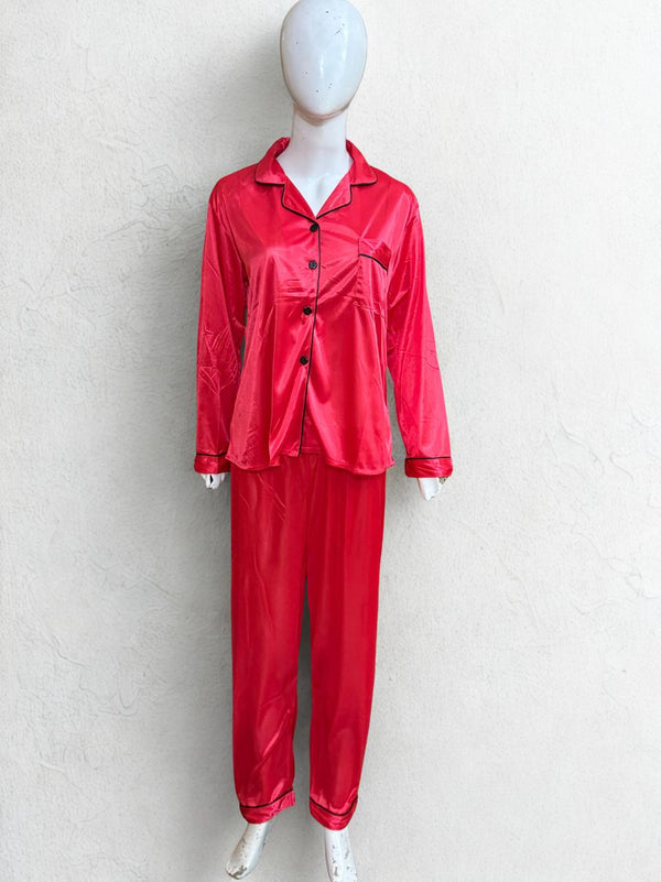 Red Silk Pajama Set – Black Piping Trim | Luxury Nightwear