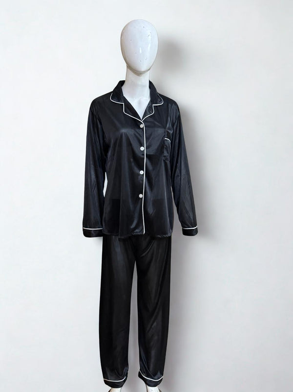 Black Silk Pajama Set – White Piping Trim | Luxury Nightwear