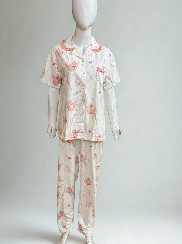 Floral Print PJ Set – Collar Style, Front Open | Soft Fabric