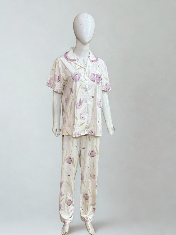 Purple Floral Silk Pajama Set – Collar Style, Half Sleeves | XL‑XXL
