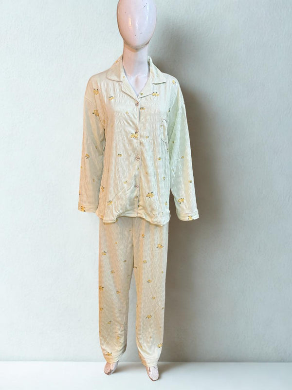 Green Stretchy Pajama Set – Collar Style, White Piping | XL‑XXL