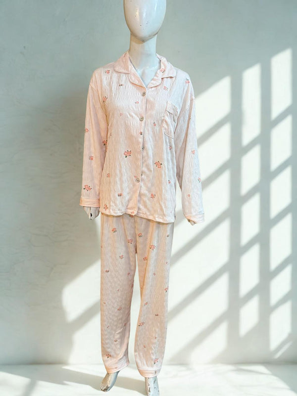 Pink Stretchy Pajama Set – Collar Style, White Piping | XL‑XXL