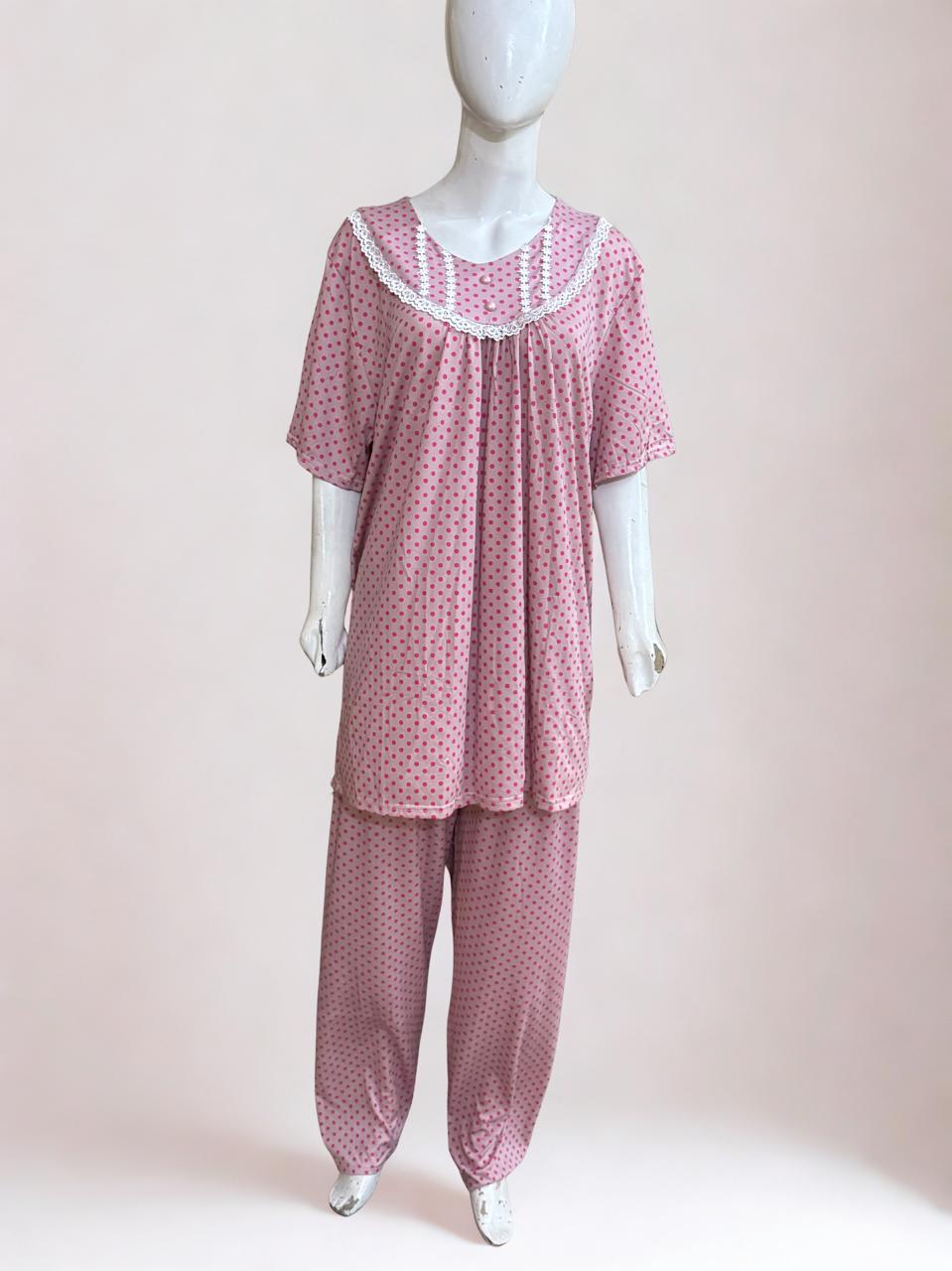 Pink Polka Dot Nightwear Set – Lace Neckline | XL‑XXXL