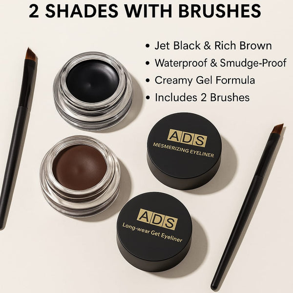 ADS Long-Wear Gel Eyeliner Set – 2 Shades with Dual Application Brushes (24-Hour Stay)