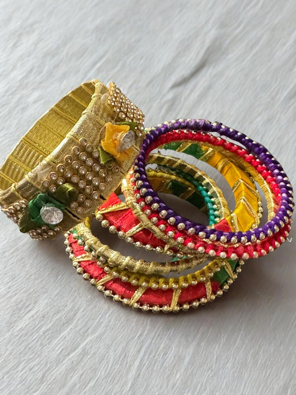 Handmade Multicolor Silk Thread & Gota Bangles Set – Traditional Indian/Pakistani Jewelry