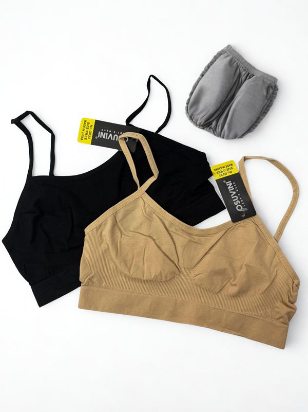 Pack of 2 Training Bras – Skin & Black | Fixed Straps | Padless Soft Stretchable Fabric