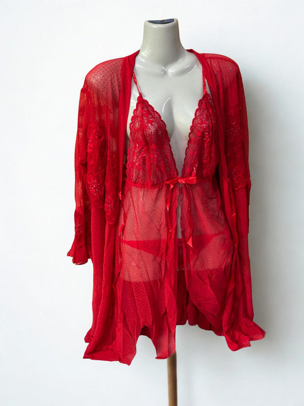 Red Lace Net 3-Piece Nighty Set for Women – Short Nightwear with Robe & Lingerie