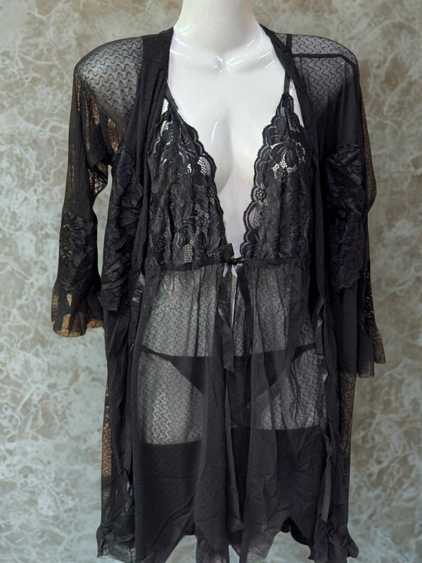 Black Net 3-Piece Short Nighty Set for Women – Sexy Lace Nightwear with Robe