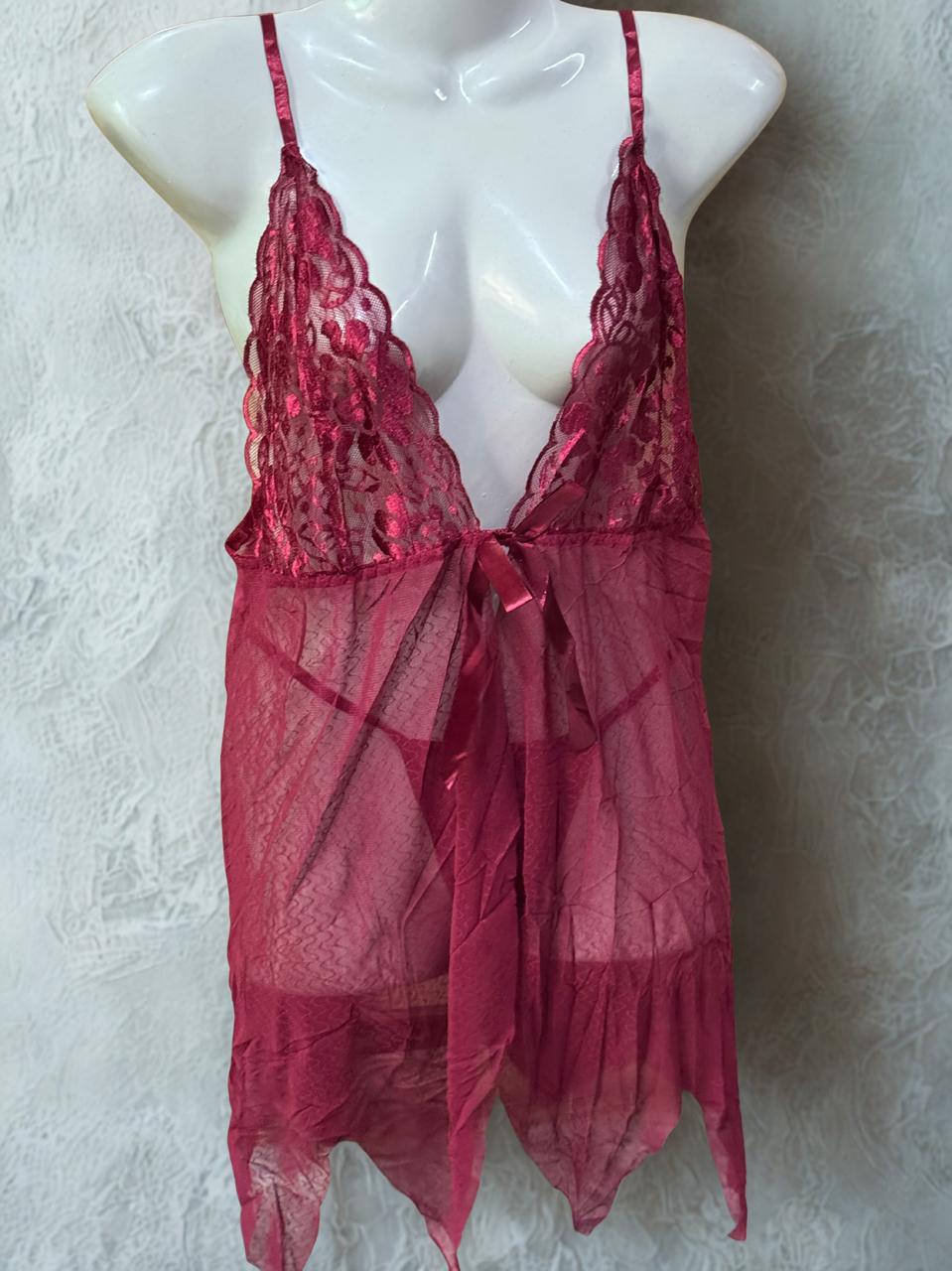 Maroon Net 3-Piece Short Nighty Set – Elegant Lace Nightwear with Robe