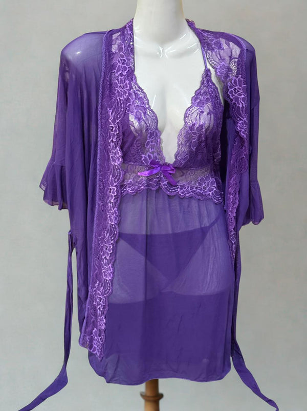 Purple Net 3-Piece Short Nighty Set – Sexy Lace Nightwear with Robe