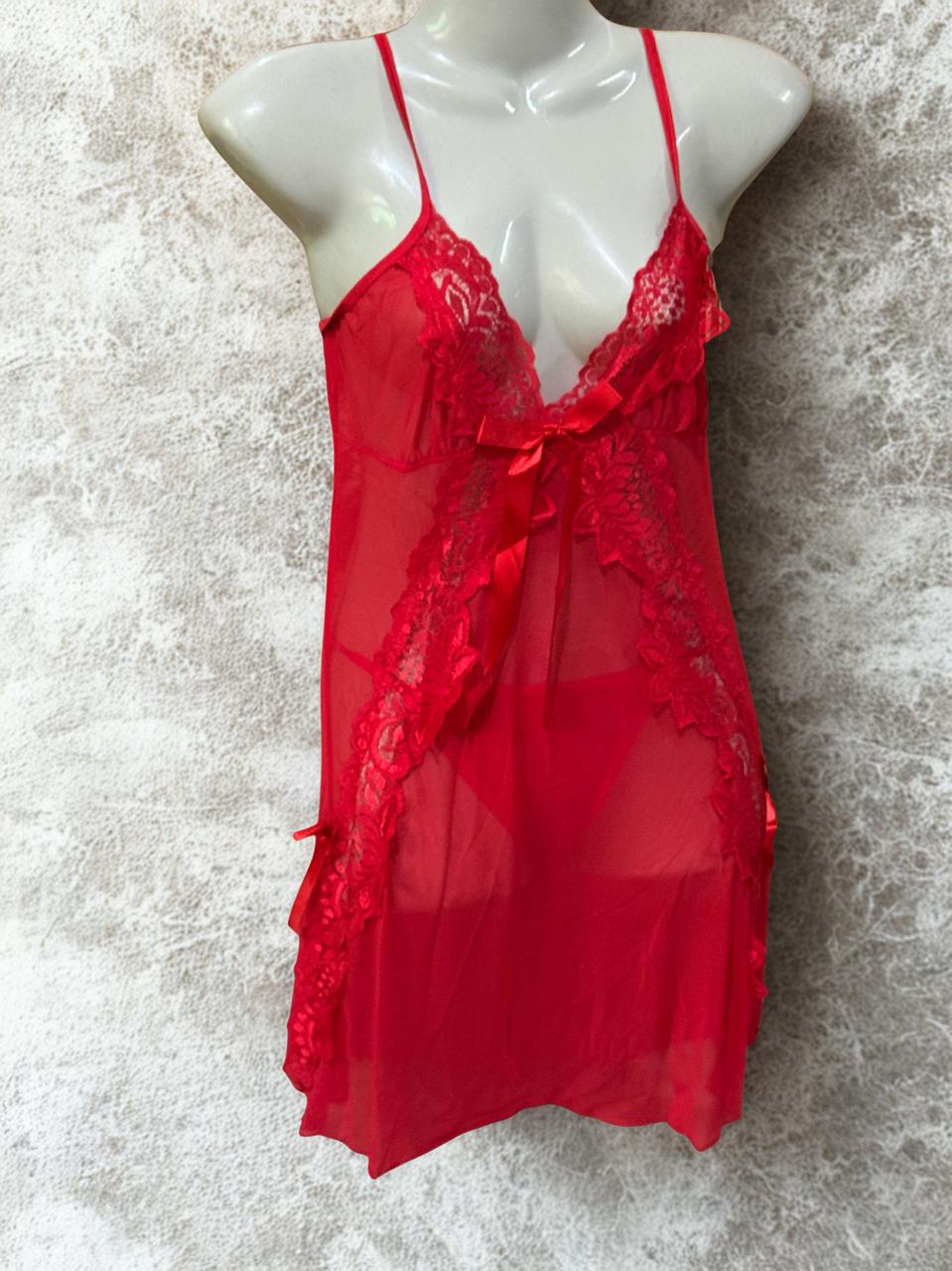 Red Lace Net 2-Piece Nighty Set for Women – Short Sexy Nightwear with Panty