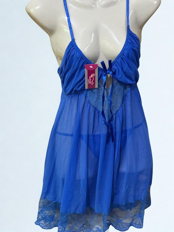 Blue Lace Net 2-Piece Nighty Set – Short Sexy Nightwear with Panty for Women