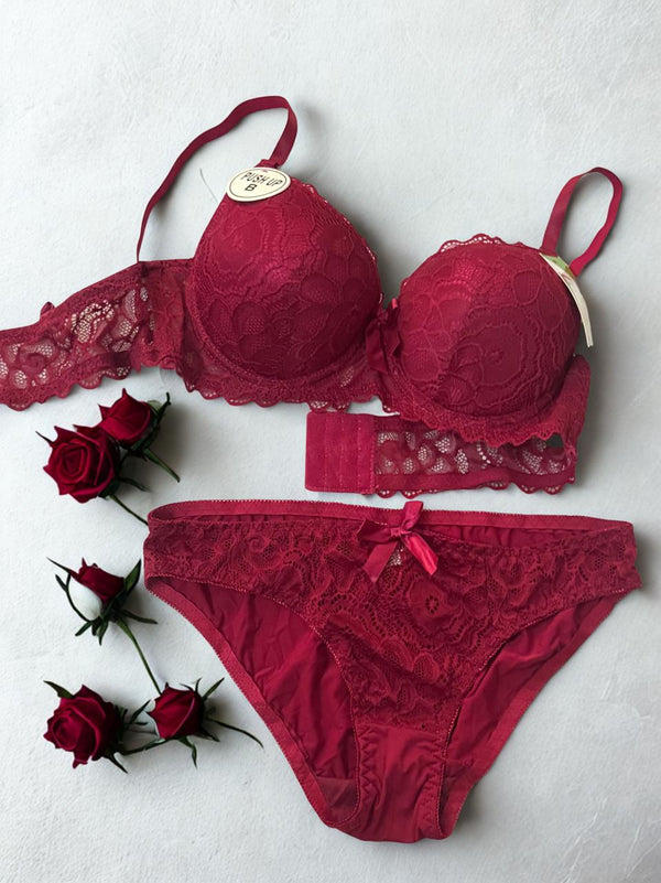 Bridal Lace Push-Up Bra & Panty Set – Maroon Color | Double Padded Ring Bra | Sizes 32B–38B | Luxury Wedding Lingerie