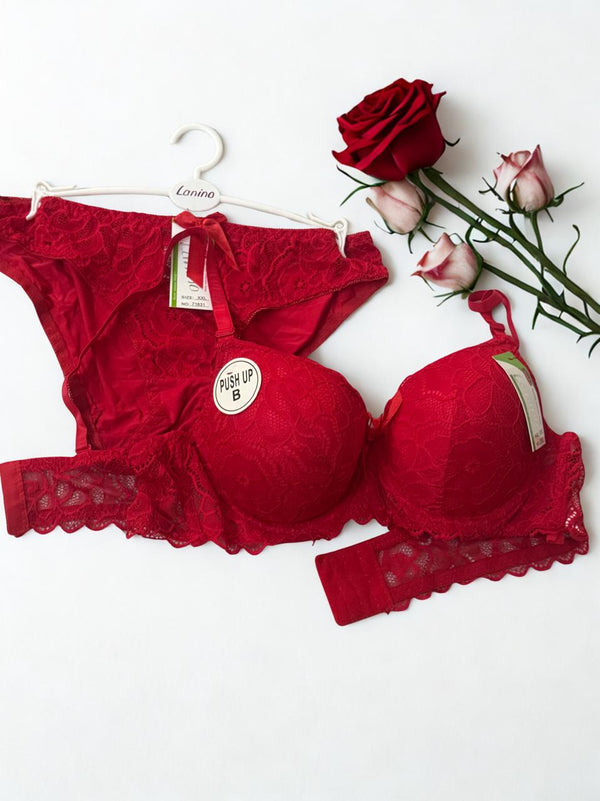 Bridal Lace Push Up Bra & Panty Set – Red Color | Double Padded Ring Bra | Sizes 32B–38B |