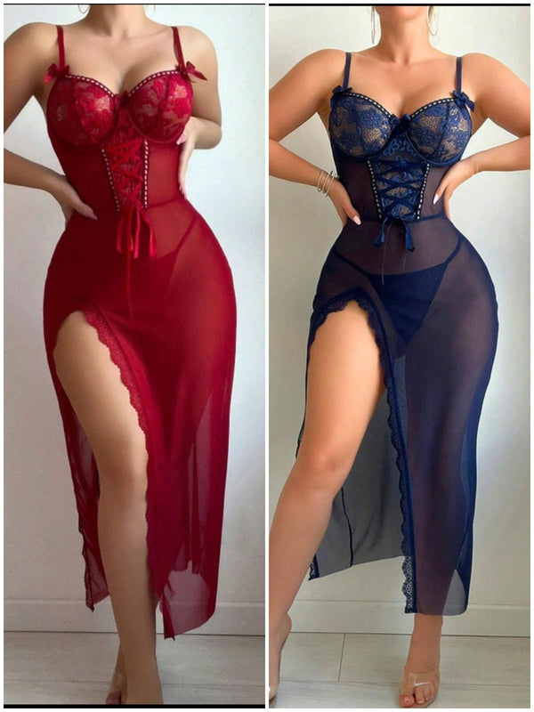 Silken Long Sheer Lace Padded Babydoll Maxi Dress Lingerie for Women | Red & Navy Blue | Free Size