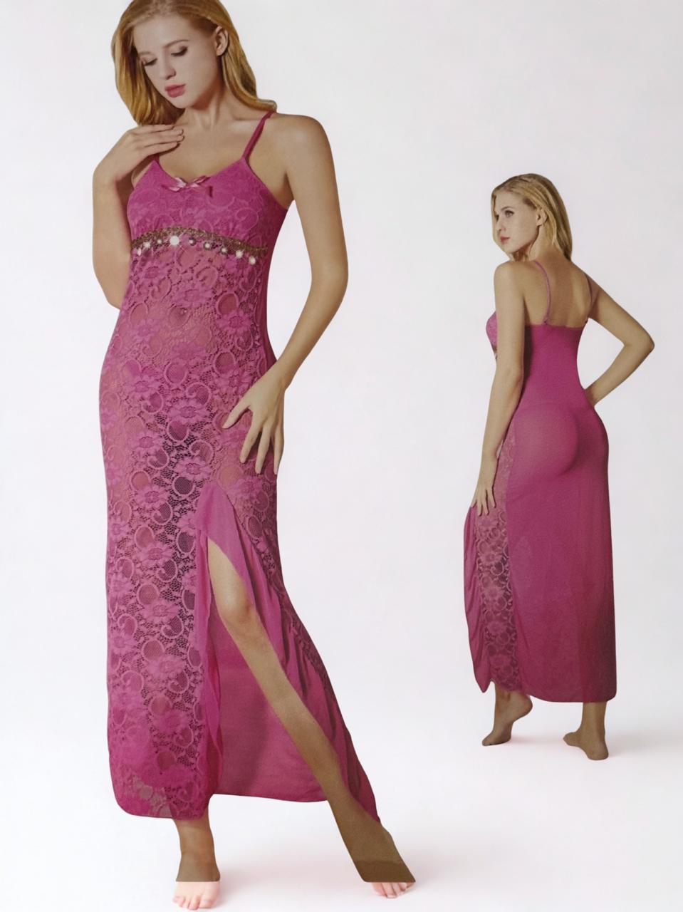 Silken Pink Lace Long Nighty – Sheer Floral Nightwear with Side Slit | Free Size