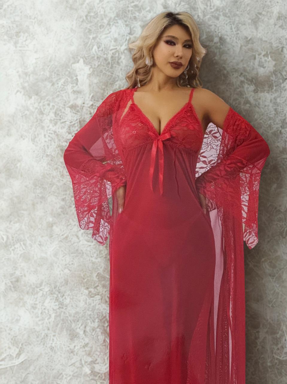 Silken Red Lace Nighty with Robe – Premium Sheer Mesh Long Nightwear for Women | Free Size